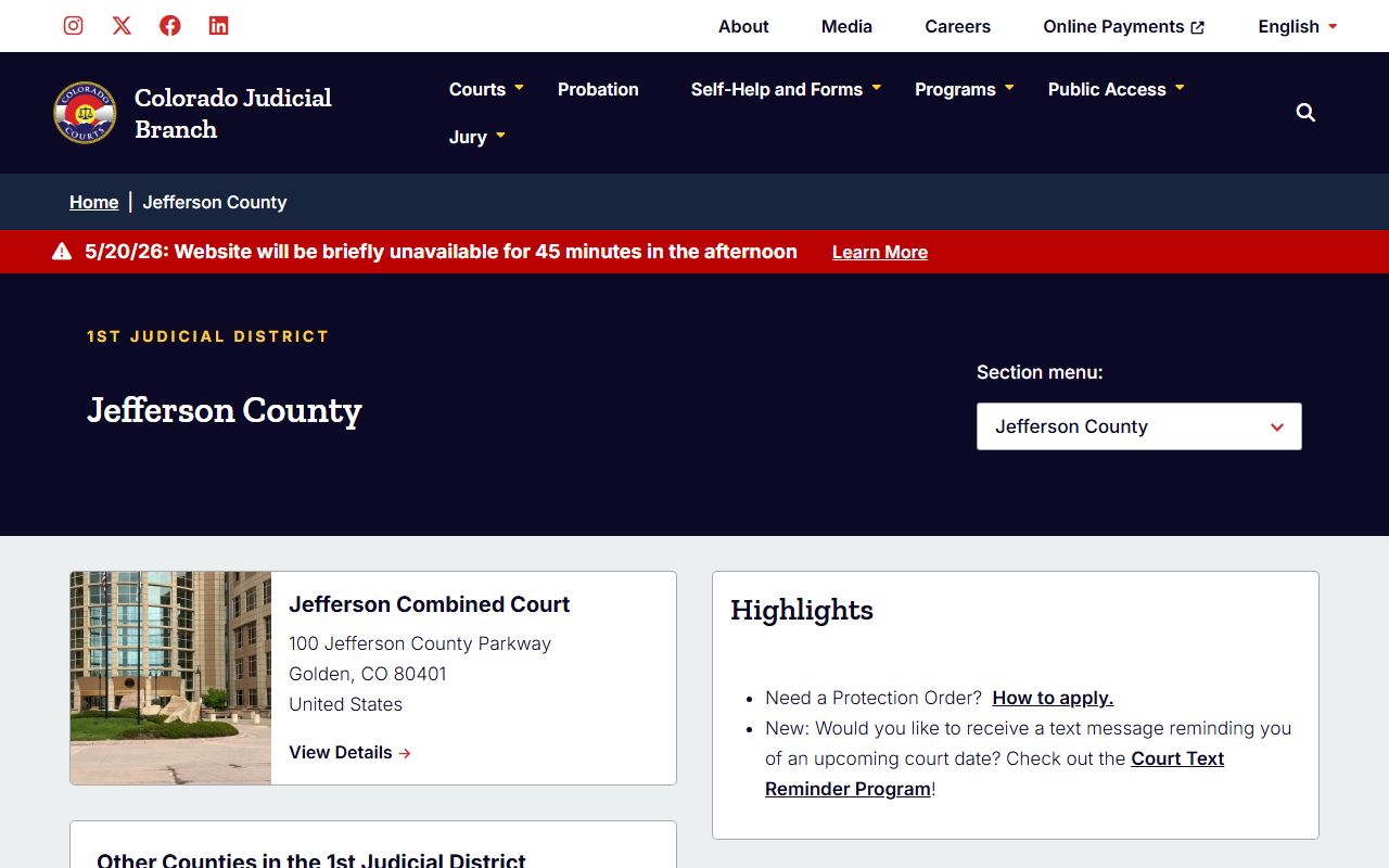 Jefferson County Court records landing page on the Colorado Judicial Branch site