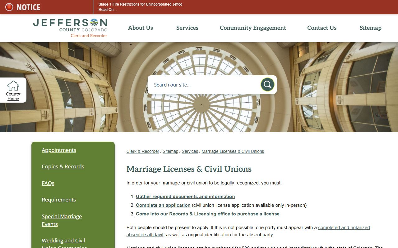 Jefferson County marriage licenses and civil unions application page