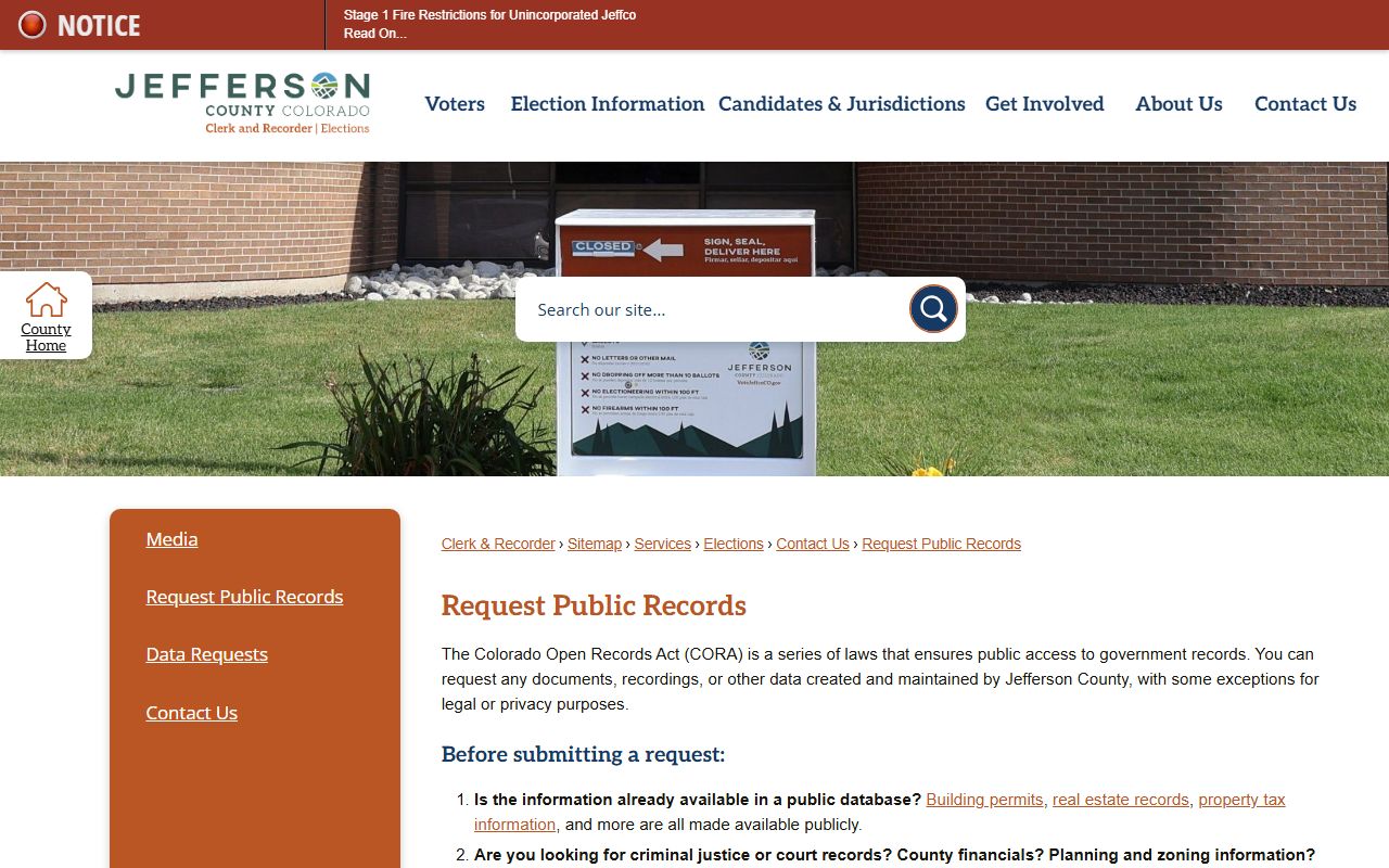 Jefferson County Clerk and Recorder open records request page for context