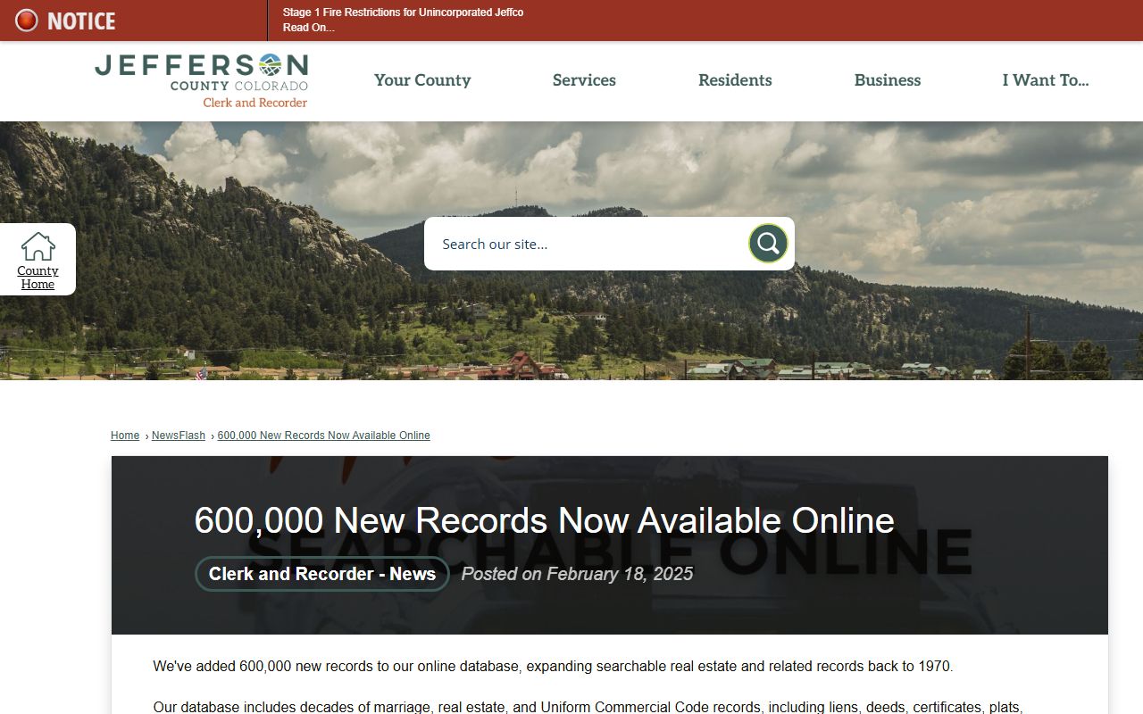 Clerk and Recorder online database expansion news for Jefferson County