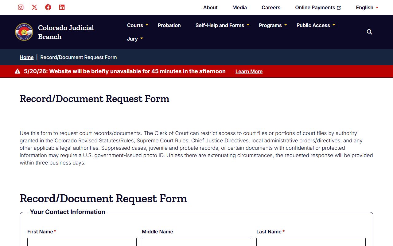 Jefferson County court records request form on the Colorado Judicial Branch