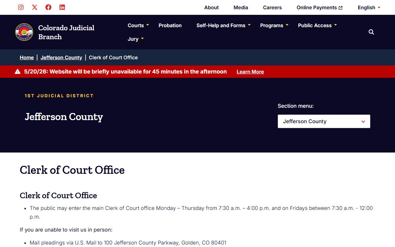 Jefferson County Clerk of Court Office page on coloradojudicial.gov