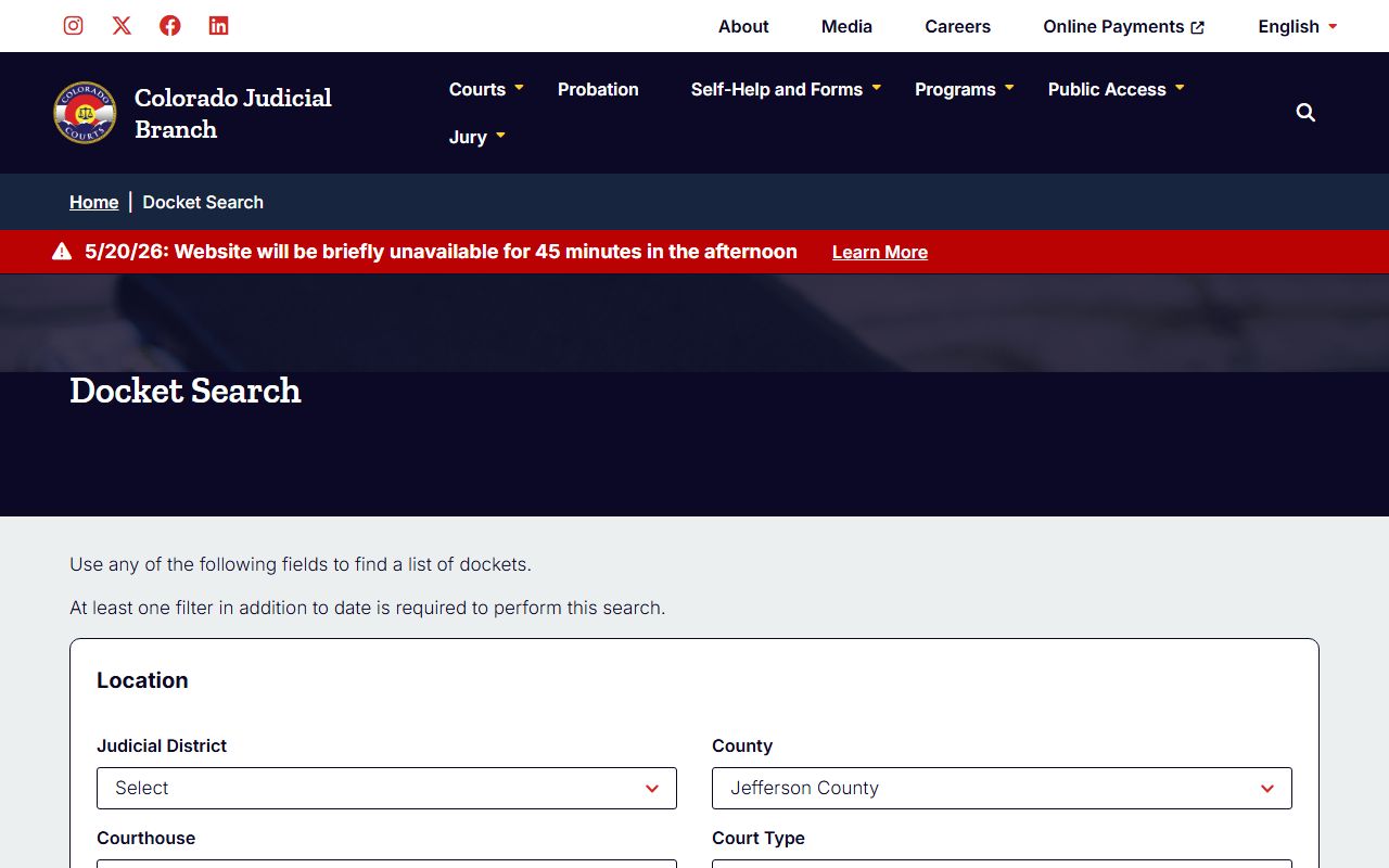 Jefferson County court records docket search portal on coloradojudicial.gov