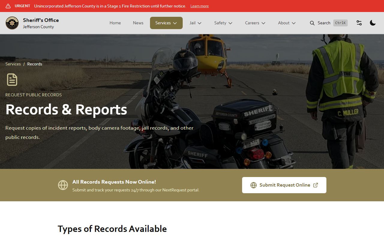 Jefferson County Sheriff records and reports page for criminal arrest records