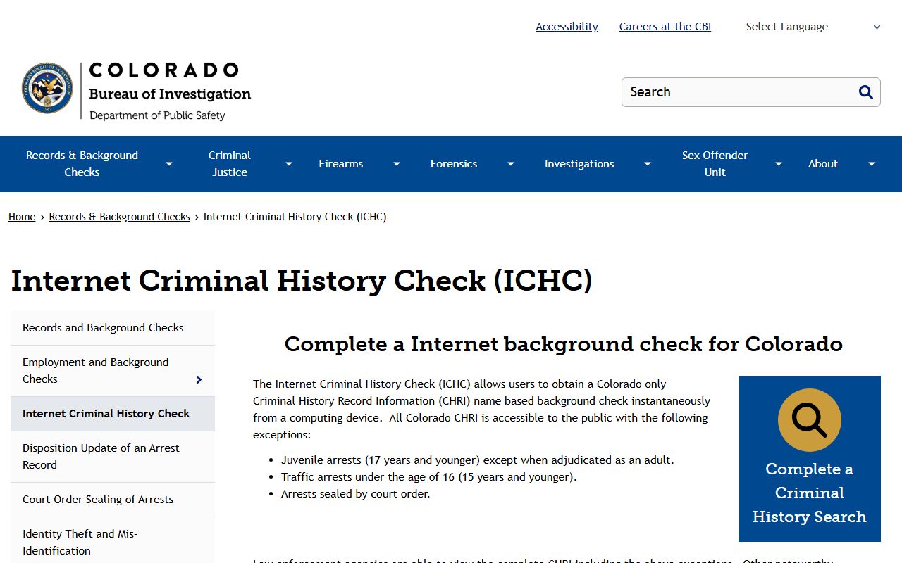 CBI Internet Criminal History Check information page for Jefferson County