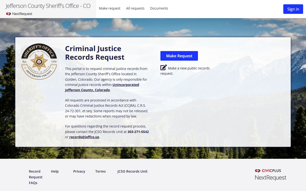 Jefferson County Sheriff NextRequest portal for criminal records requests