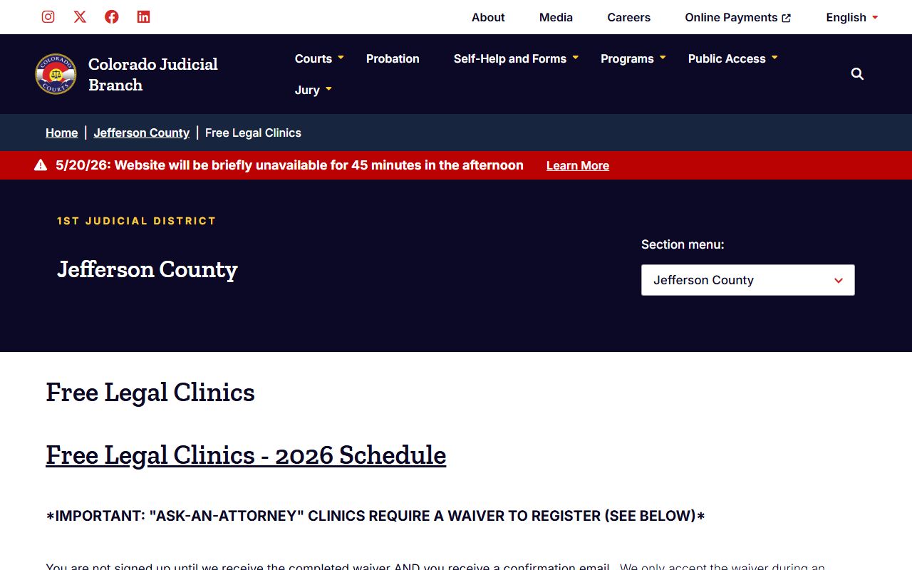 Jefferson County free legal clinics schedule and waiver instructions