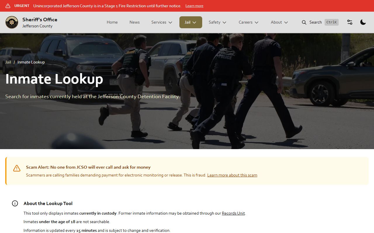 Jefferson County jail inmate lookup search page for current custody