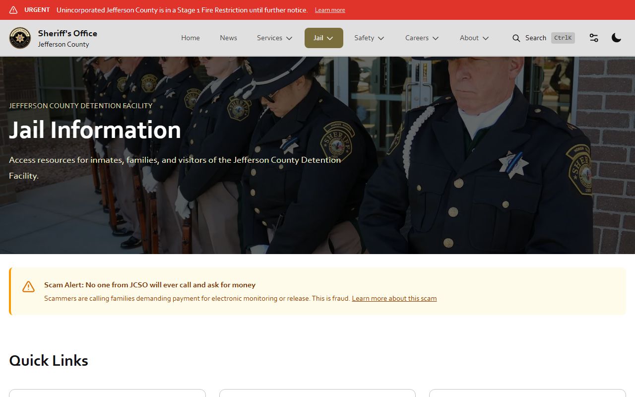 Jefferson County Detention Facility information page with capacity and rules