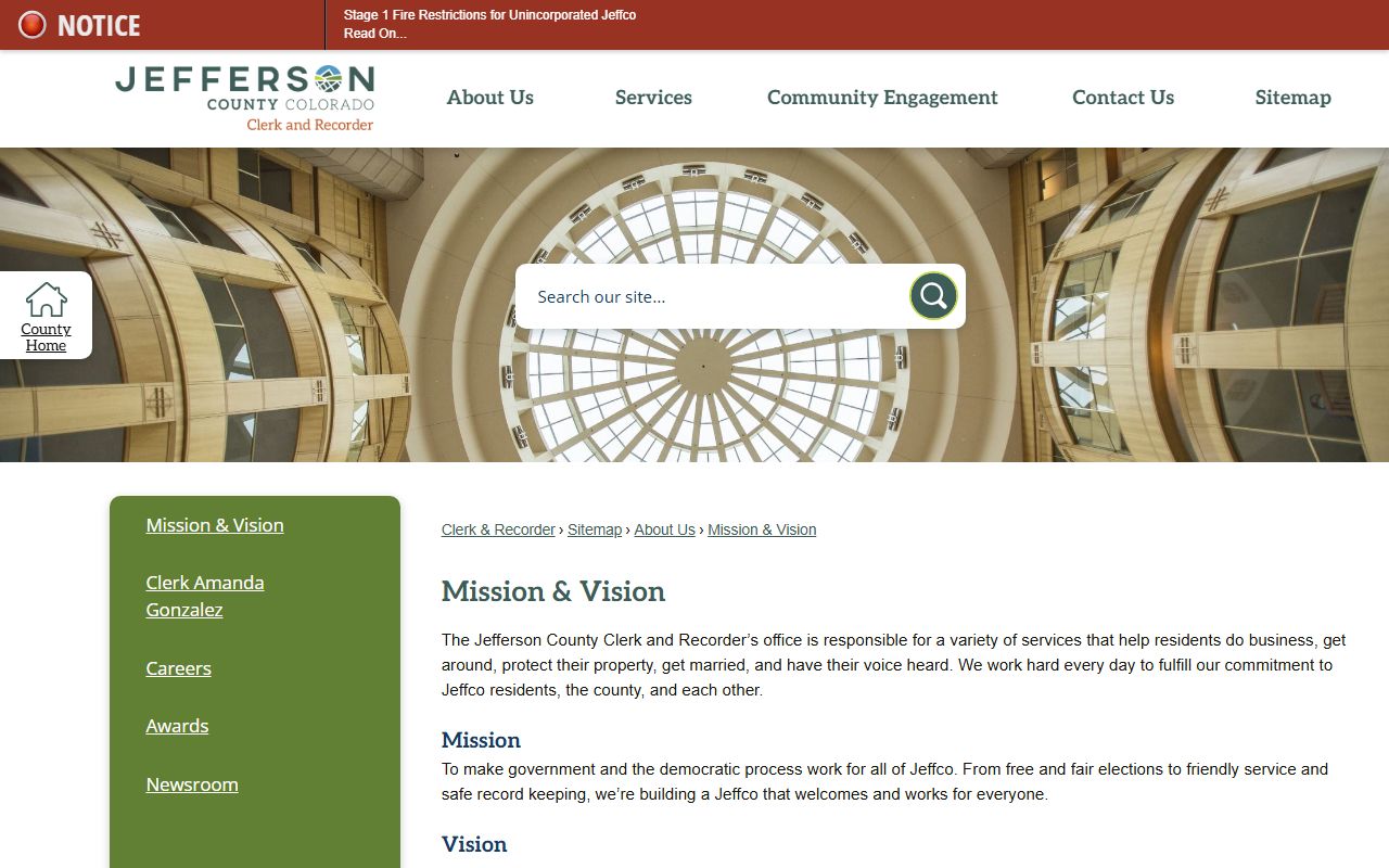 Clerk and Recorder mission and vision page covering Jefferson County marriage records