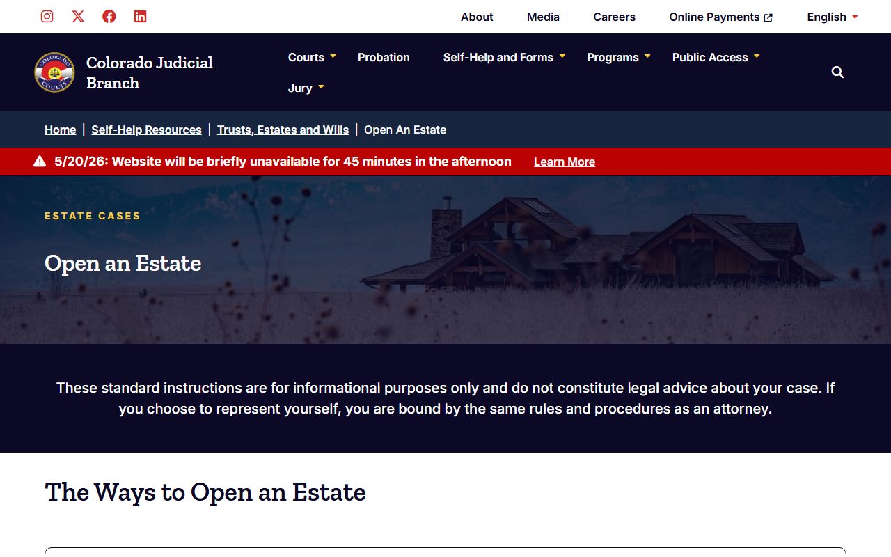 Colorado Judicial Branch self-help open-estate page for Jefferson County probate