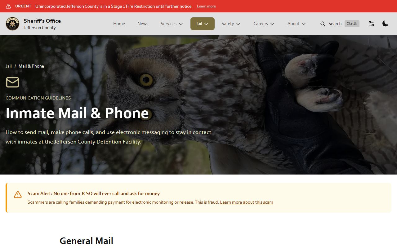 Jefferson County jail inmate mail, phone, and eMessaging rules