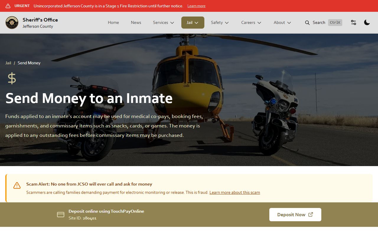 Jefferson County jail send-money and bond deposit options for released inmates
